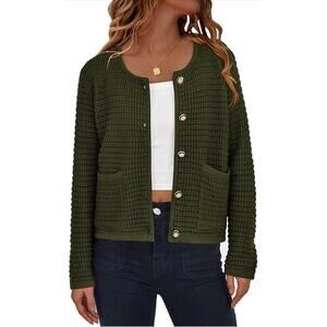 PRETTYGARDEN Army Green Knit Cardigan Sweater Women’s Size L Button Front Pocket